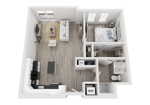 Floor plan for 1 bed, 1 bath, 883 sqft